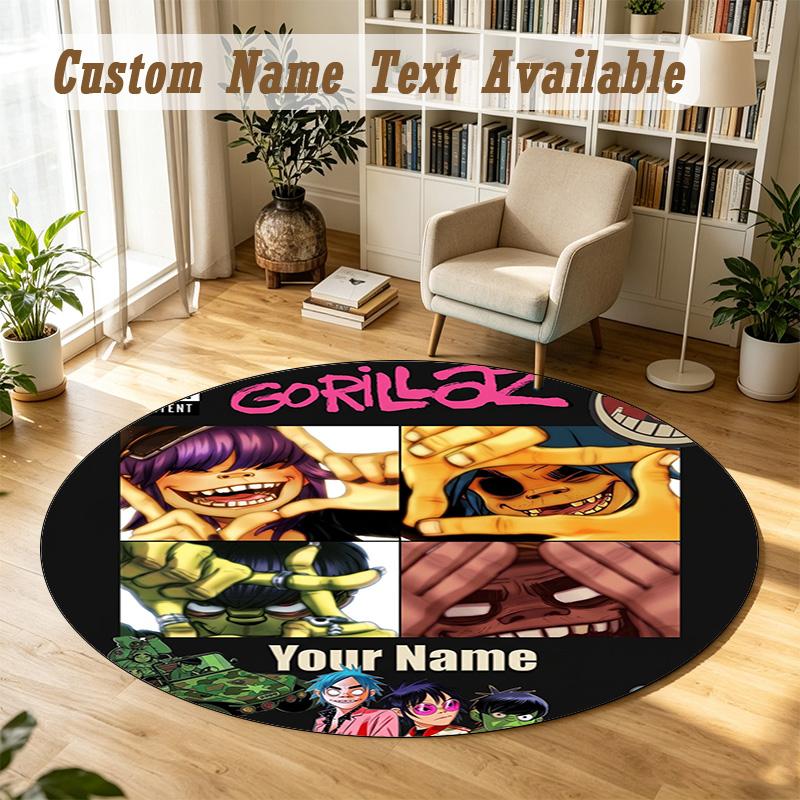 Gorillaz Personalized Round Rug Support Custom Name, Soft Home Decor Mat