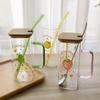 High-Value Glass Cup with Straw, Handle, Lid, Spoon, and Heart Fruit Print