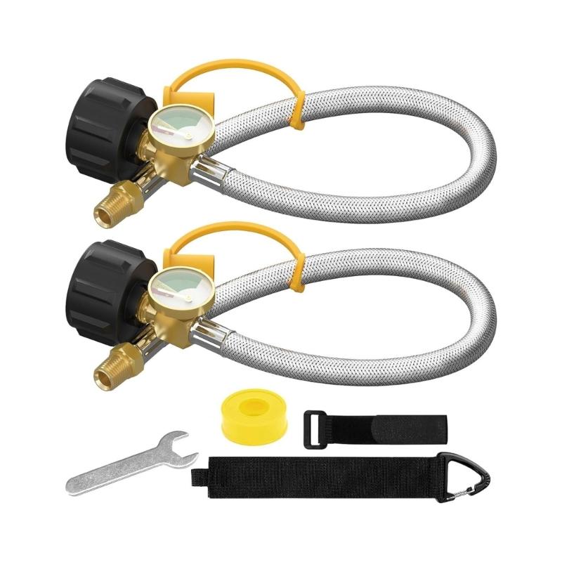2pcs Stainless Steel Car Propanes Hoses with Integrated Pressure Meter for Accurate Gas Monitoring During Outdoor Use