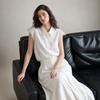 16 summer new French white lace splicing shirt women's lace flying sleeves lapel waist design versatile top