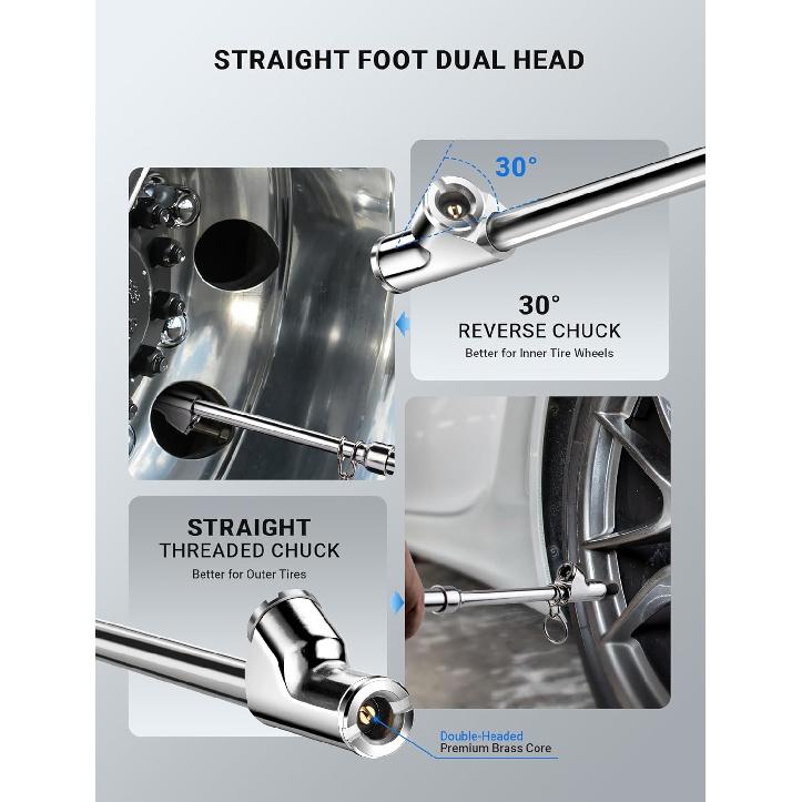 Манометр для шин с двойной головкой, Сверхпрочный удлинитель, Манометр для шин для диапазона давления 10-150PSI 1-10BAR, Прямой наконечник, Двойной патрон, Авто