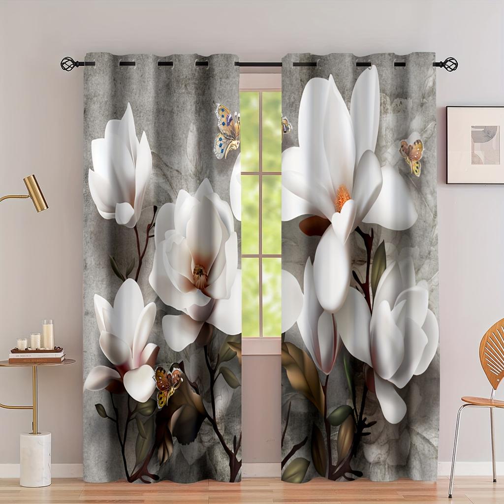 2pcs, Golden Black Flowers Rod Pocket Pocket Digital Printing Curtains,Polyester Material, Suitable For Living Room,Bedroom