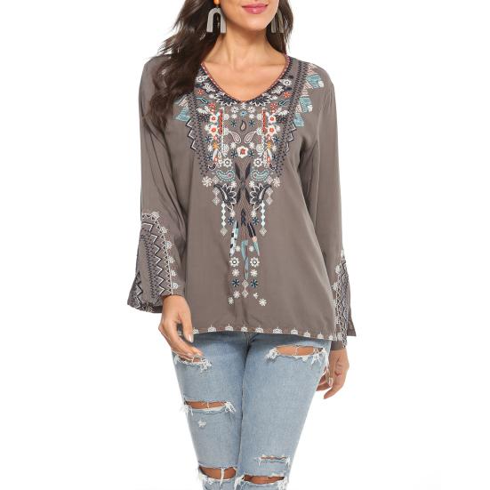 Женская рубашка в стиле бохо с вышитым цветочным узором, расклешенная, с длинным рукавом и V-образным вырезом
