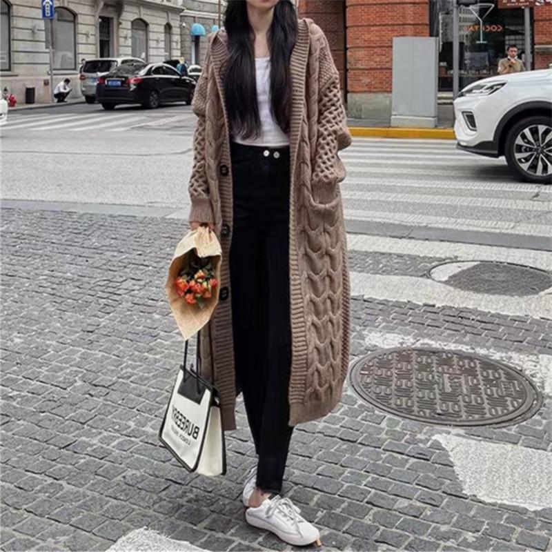 Women's Hooded Mid-Length Knitted Sweater Cardigan Jacket for Autumn & Winter - Loose, Thick, Fashionable with Pockets.