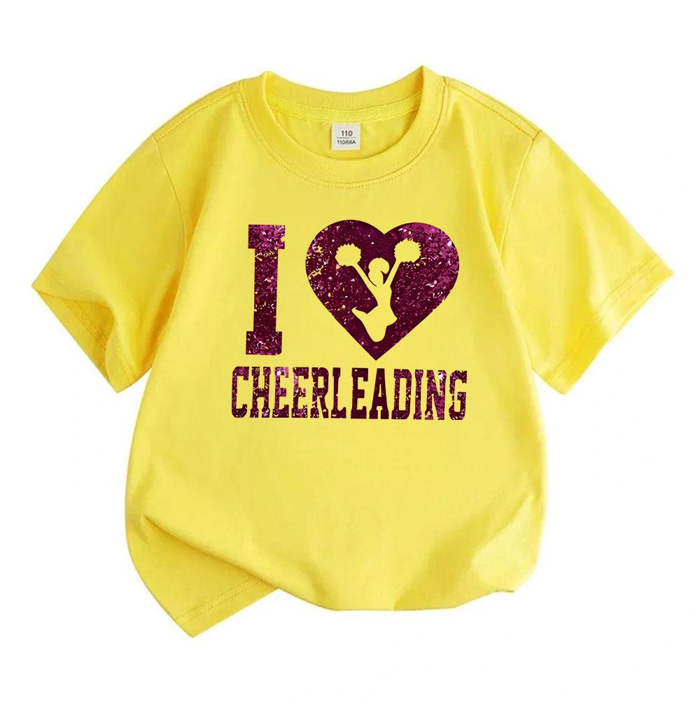 Kids Boys Girls 100% Cotton Crew Neck Short Sleeve T-Shirt, I Love Cheerleading Glitter Print Casual Tees for Cheer Sports Lovers Daily Wear