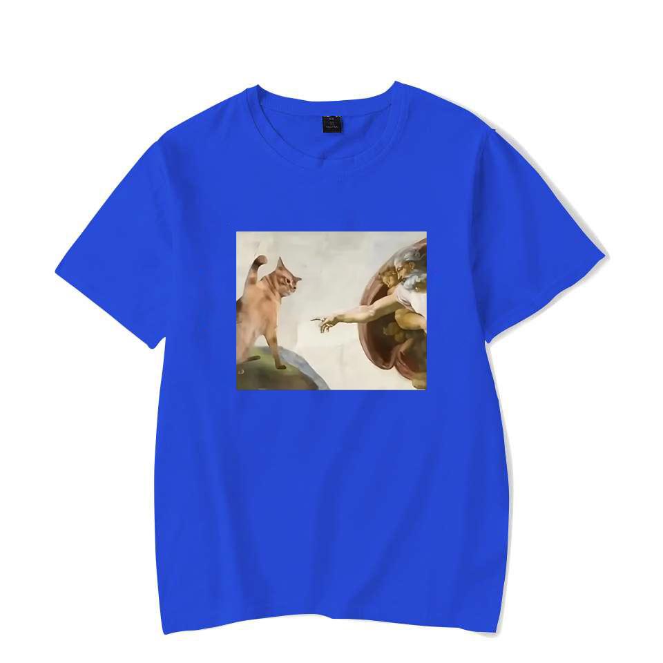 Funny Cat God Adam Creation Meme Pattern Unisex Women TShirt Casual Short Sleeve Jesus Picture Unisex TShirt Round Neck Tee Tops