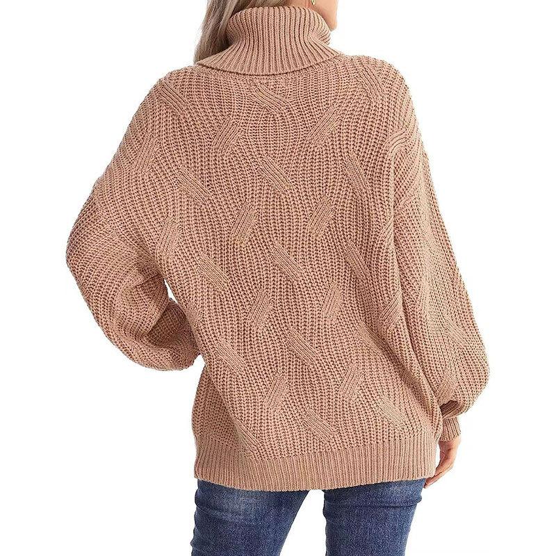 Women's Autumn/winter Twisted Floral Knitted Chunky Long-sleeved Solid Color Turtleneck Sweater