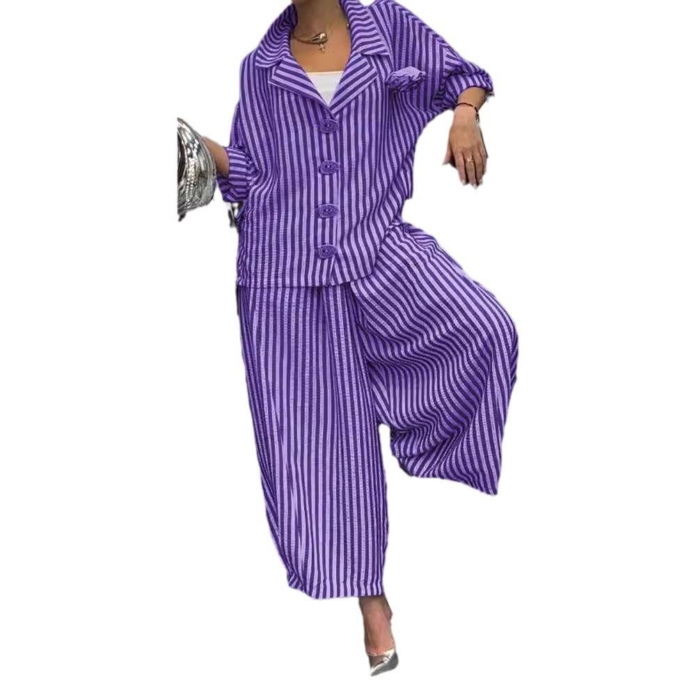 Women's Black and White Striped Button-Up Shirt with Wide Leg Pants Set, Fashionable Two-Piece Outfit