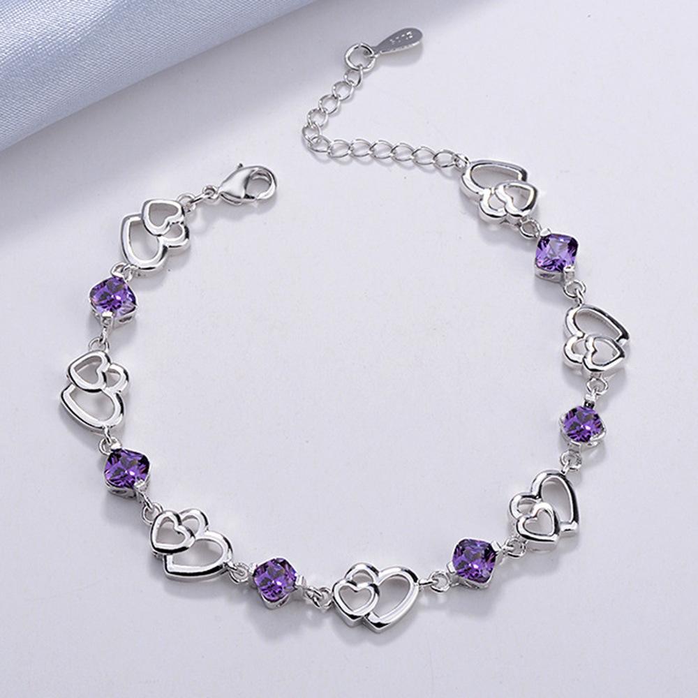 Weihua Temperament Women's Silver Plated Bracelet Women's Double Heart Amethyst Bracelet Korean Version Women's Jewelry Manufacturer Wholesale