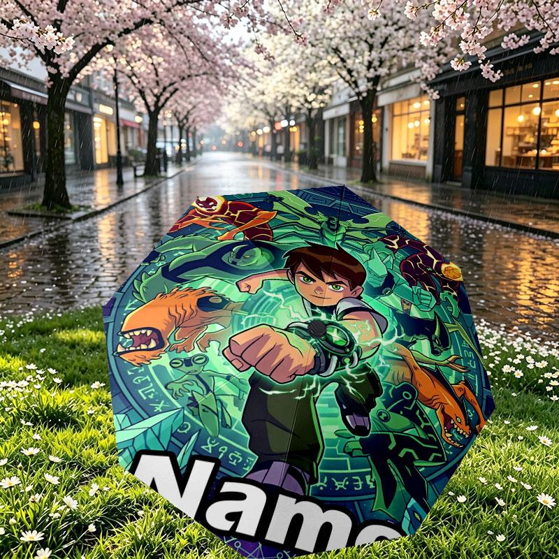 Custom Name Personalized Ben 10 Cartoon Print Umbrella, Auto Open Close, 8‑Rib Sturdy Frame, Commute Camping Hiking Use, Birthday Gift
