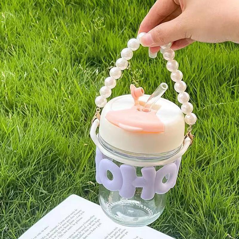 Питьевая чашка Прозрачное стекло Высокая ценность Защита от ожогов Милая чашка с соломинкой Жемчужный браслет Буква Водяная чашка