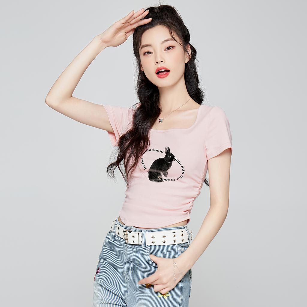 Summer college style slim fit T-shirt for women, short style with exposed belly button, sporty hot girl top, versatile and casual
