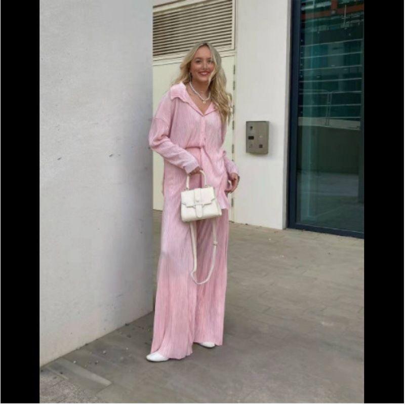 Весенне-летний женский повседневный комплект из двух предметов, плиссированный воротник, свободные длинные рукава, подвеска, широкие брюки