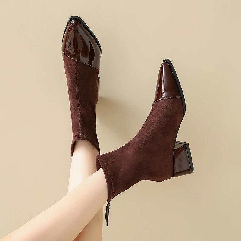 2024 Высококачественная женская обувь Ботильоны женские элегантные современные ботинки женские швейные с острым носком средний каблук сзади молния обувь женская