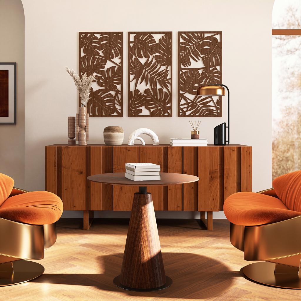 Wooden Wall Decoration, 3D, 3 Pieces, 40 x 80 cm, Tropical Leaf Pattern, Walnut