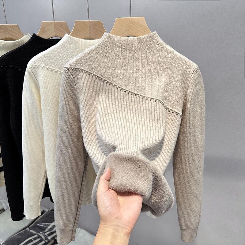 Женский осенне-зимний повседневный толстый и теплый пуловер с добавленным бархатным трикотажем, в сочетании с цельным бархатным свитером с полувысоким воротником