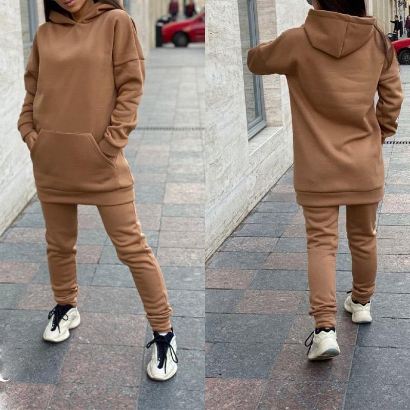 Женский спортивный костюм, повседневные спортивные костюмы с длинными рукавами и капюшоном, осенние женские флисовые толстовки и брюки Jooger, теплые комплекты из двух предметов
