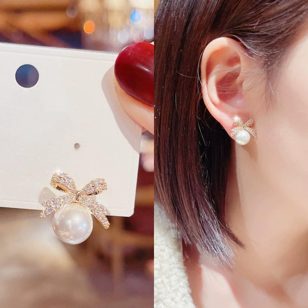 Jewelry Accessories Bow Pearl Ear Studs Bowknot Bow Pearl Ear Hook Bow Pearl Earrings  Lady/Gifts