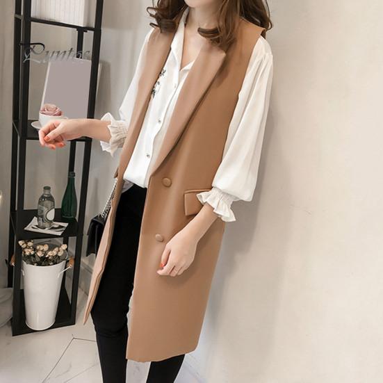 Осень-весна женский жилет с отложным воротником двубортный свободный без рукавов до колена карманы кардиган сплошной цвет повседневная одежда жилет пальто