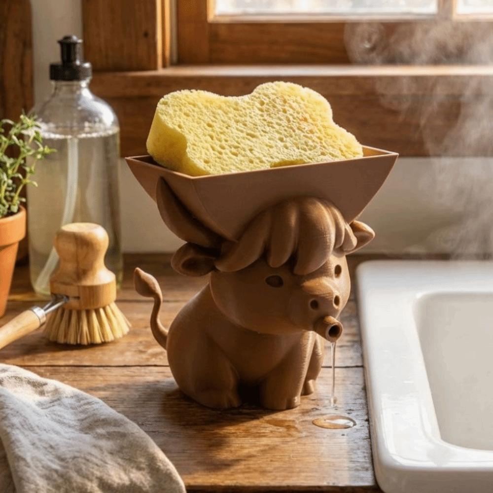 3D Printed Cow Shape Sponge Holder Cartoon with Drainage Holes Sponge Drying Holder Plastic Funny Soap Rack Counter Top Storage