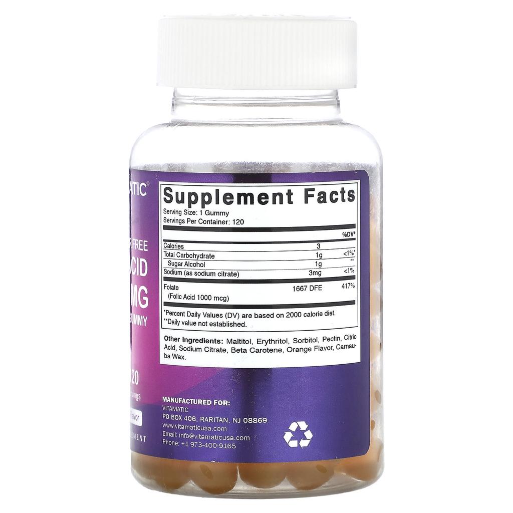 Sugar Free Folic Acid, Natural Orange, 1Mg, 120 Gummies