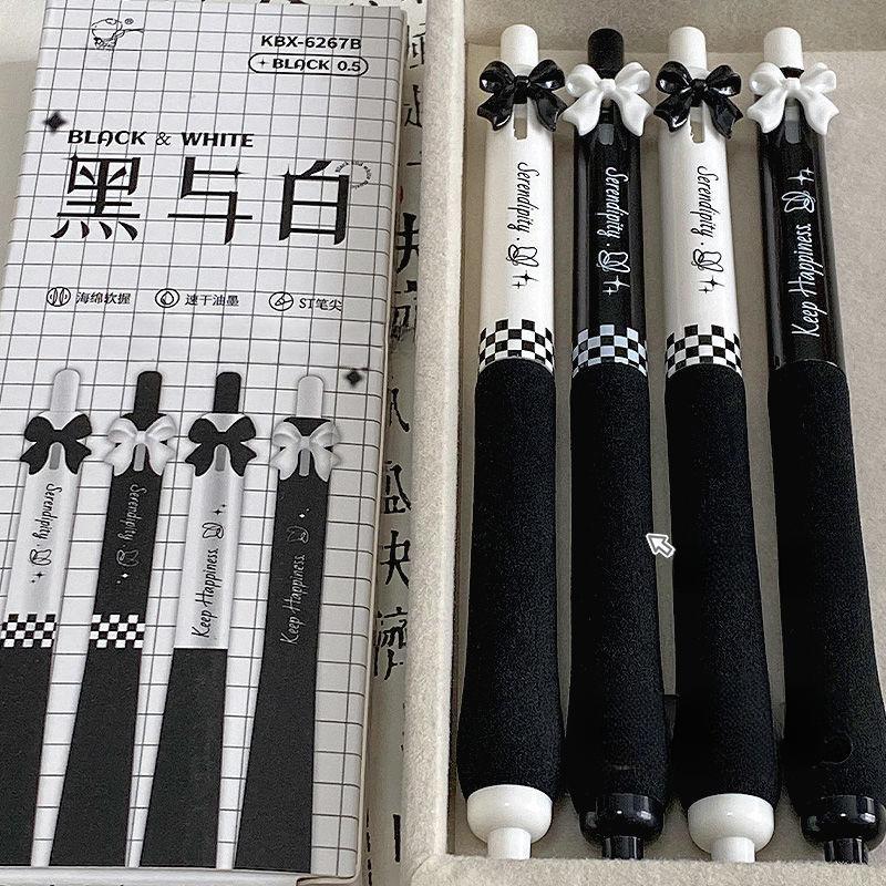 4pcs/box Sweet Chic Korean Gel Pen for Girls Black Pink White Bow Stationery Gel Pen 0.5mm Black Ink Pen for Writing School