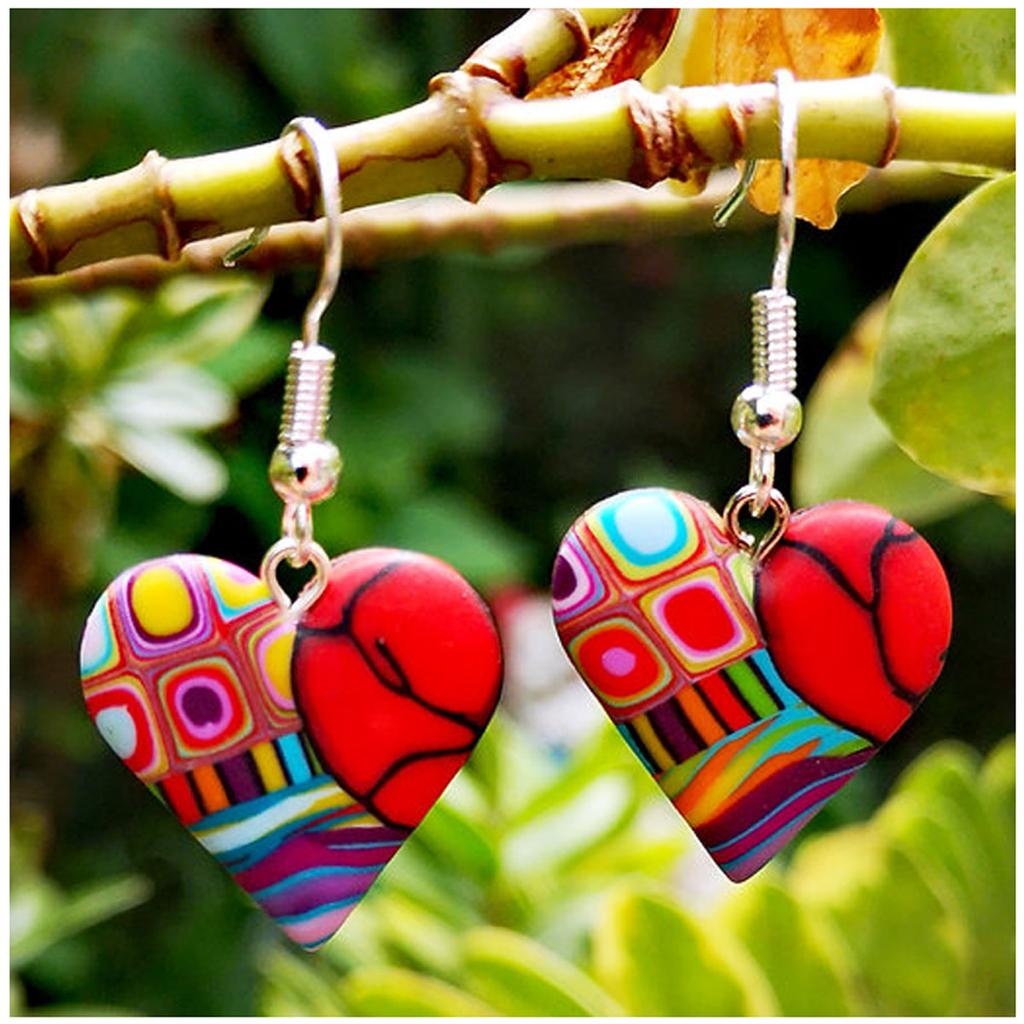 Les Trésors De Lily [R1330] - Multicolored 'Columbine & Harlequin' Handcrafted Earrings (heart) - 18x18 Mm