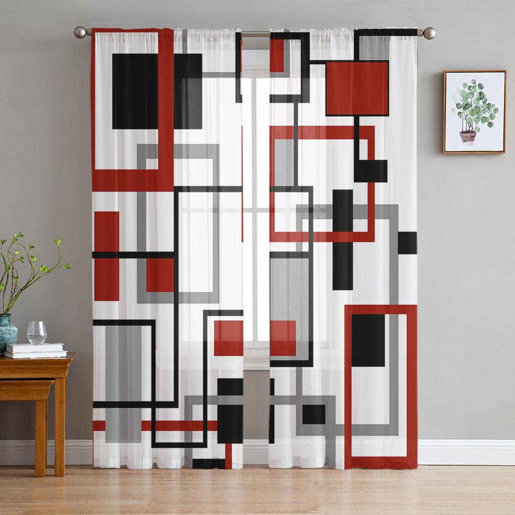 Abstract Geometric Squares Art Black Red Sheer Curtain Living Room Printed Tulle Window Curtain Luxury Home Balcony Decor Drapes