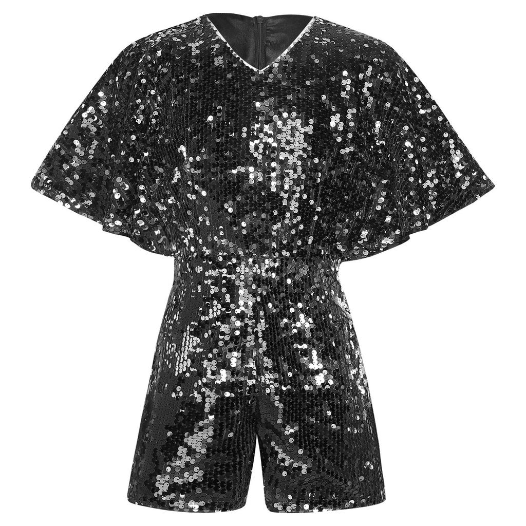 Девушки Блестящий Комбинезон с Пайетками V-образный вырез Рукав-колпачок Боди Костюм для Выступлений на Сцене на День Рождения