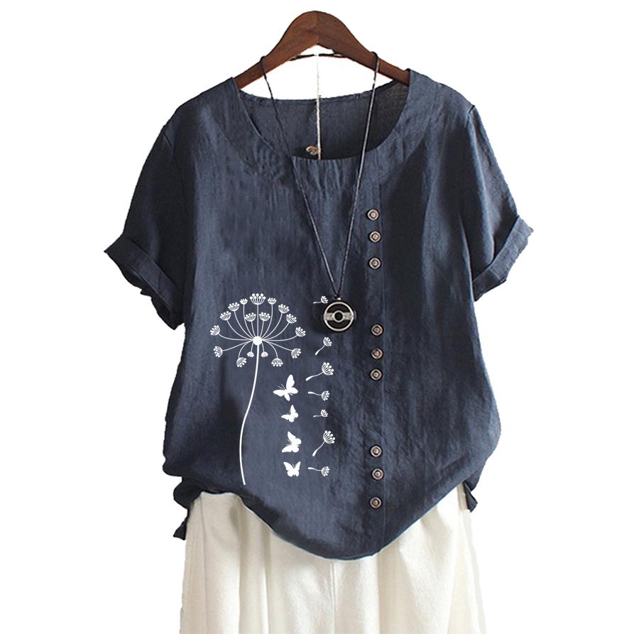 Женская модная хлопковая льняная блузка на лето и осень с круглым вырезом и коротким рукавом, повседневная свободная футболка с цветочным принтом