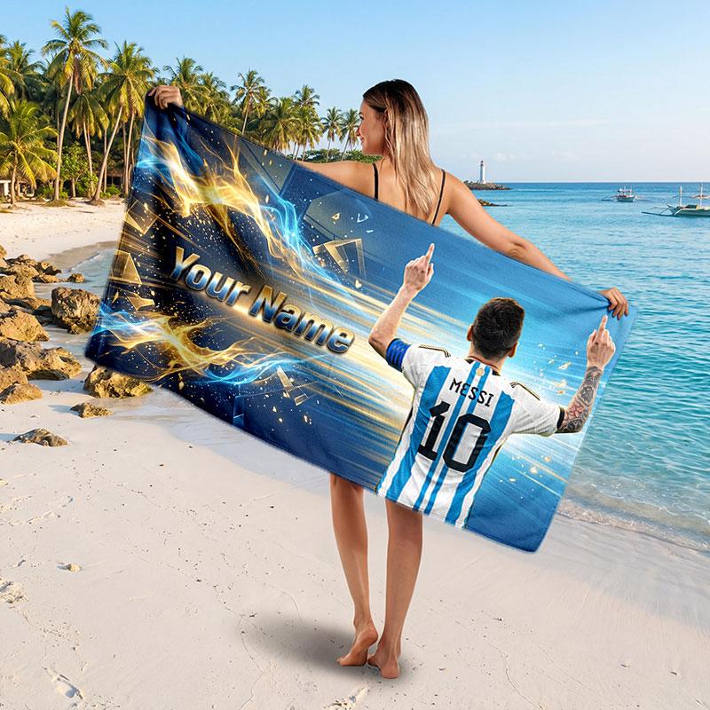 Lionel Messi Custom Beach Towel, Personalized Name Text Print, Football Logo Soft Quick‑Dry Towel Holiday Gift