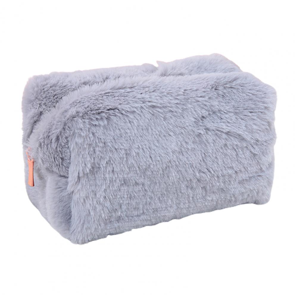 Милая меховая косметичка большой емкости, портативная, мягкая, пушистая, плюшевая, однотонная, дорожная, моющая, туалетные принадлежности, косметичка, плюшевая сумка для ручек