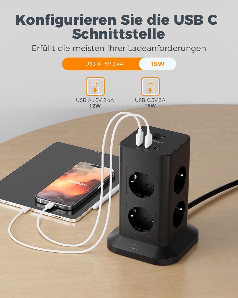 Tessan Сетевой фильтр Tower с удлинителем USB 2M, черный вертикальный сетевой фильтр Tower с защитой от перенапряжения, розетка EU Plug Tower