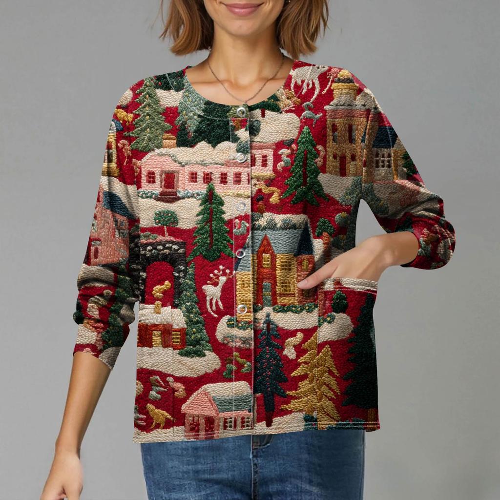 Женский повседневный кардиган на одной пуговице с длинным рукавом и принтом на рождественскую тематику