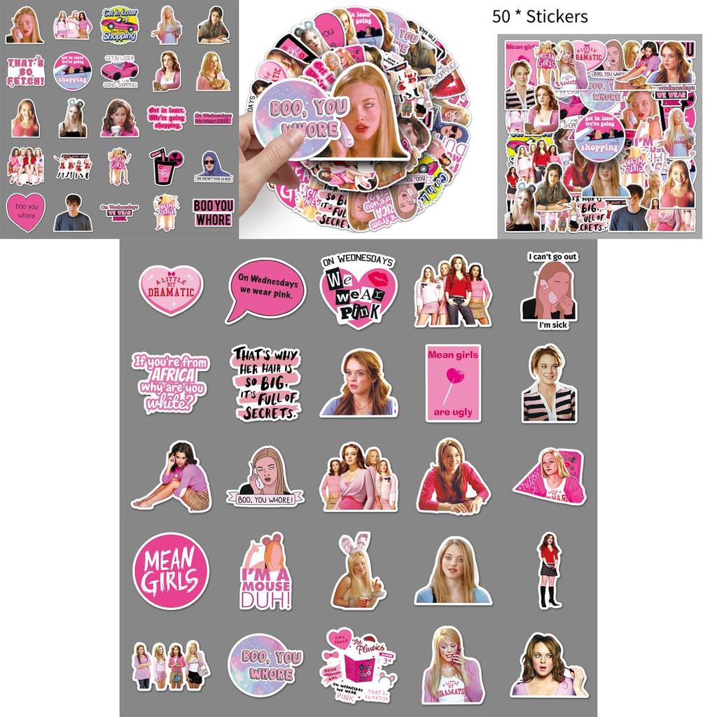 50pcs Mean Girls Laptop Suitcase Stickers Adorable Style 4 Color Print