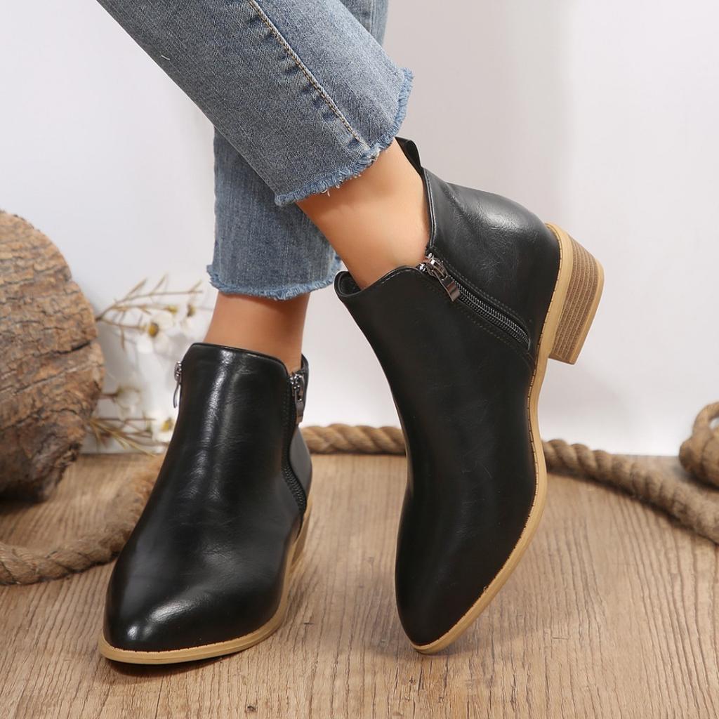 Осень и зима новые европейские и американские короткие модные ботинки на толстом каблуке с острым носком женские модные ботинки для взрослых большого размера импортные товары на низком каблуке женские