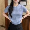 Женский свитер из мягкого трикотажа королевского синего цвета с коротким рукавом и круглым вырезом - Стильный и приталенный, весна/лето 2025, корейская мода