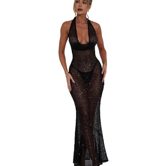 Женское прозрачное сетчатое платье макси с блестящими пайетками, просвечивающее платье халтер, длинное платье с глубоким V-образным вырезом и открытой спиной, облегающее платье, сексуальные наряды для вечеринок