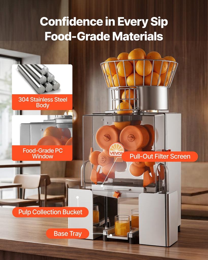 Commercial Orange Juicer Machine, 120W Electric Automatic Orange Squeezer, Lemon Citrus Pomegranates Extractor for 20 per Minute, Stainless Steel,