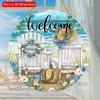 2D Flat 20*20cm1pc Welcome Seaside Vacation Travel Scene Blue wreath&Recliner Patterns Front Door Sign, Summer Door&Pediment&Holiday Hotel&Beach