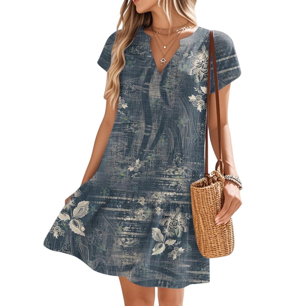 Женские платья с коротким рукавом и V-образным вырезом с цветочным принтом Свободные повседневные пляжные платья в стиле темперамент