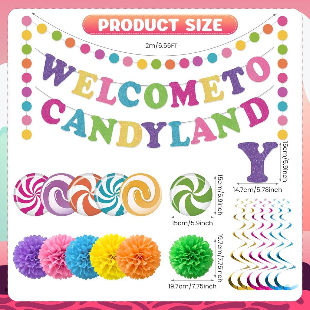 Welcome to Candyland Party Banner Hanging Swirls Decorations Colorful Candy Themed Birthday Decor for Sweet Themed Shop Baby Shower Classroom Home