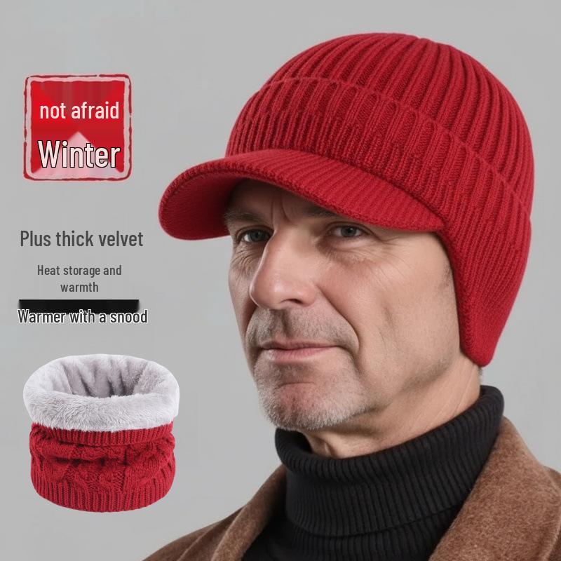 Мужская зимняя ветрозащитная вязаная шерстяная шапка на флисовой подкладке с защитой ушей