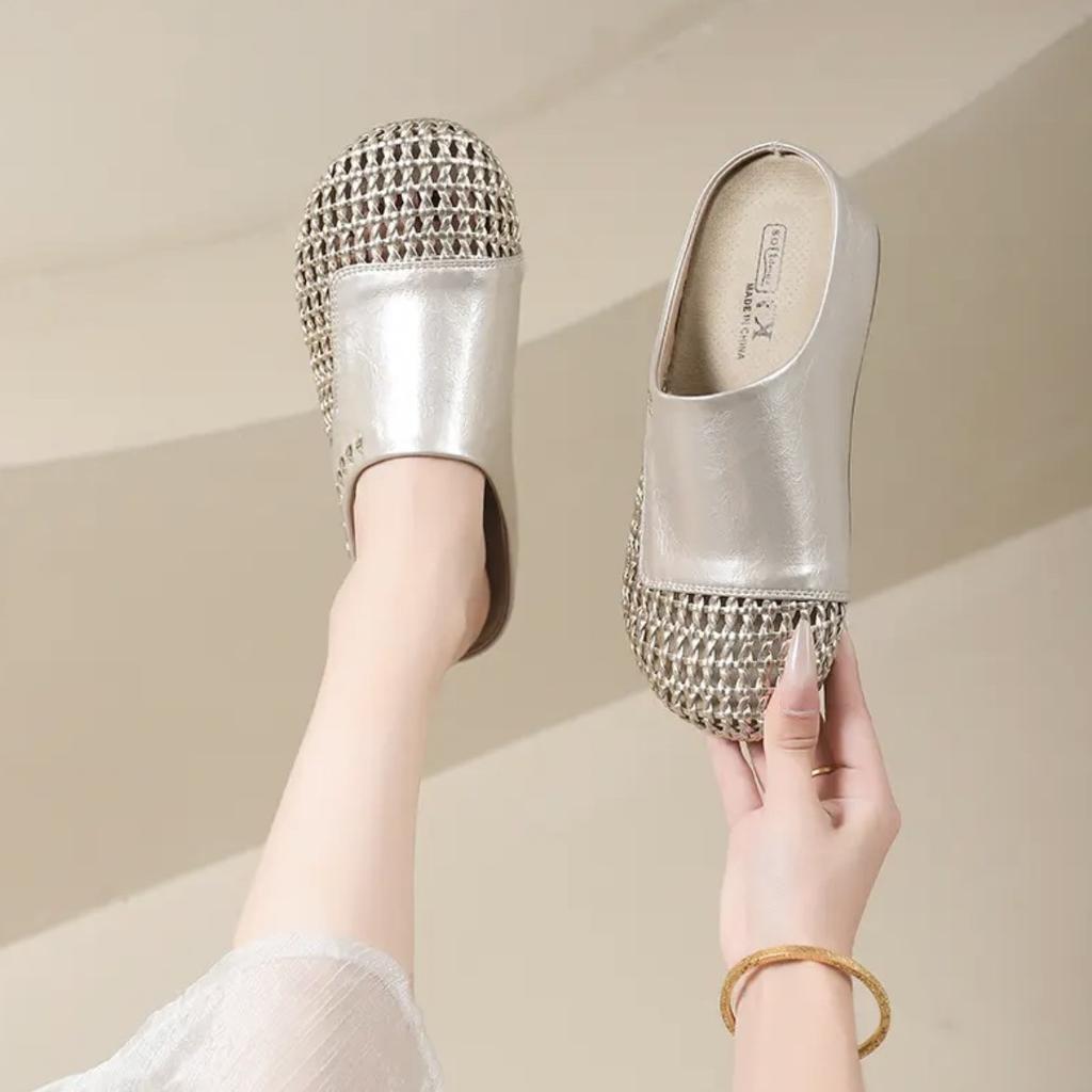 Retro flat-bottomed bag head wearing cool slippers women's 2025 summer height increase hollow half slippers woven breathable shoes