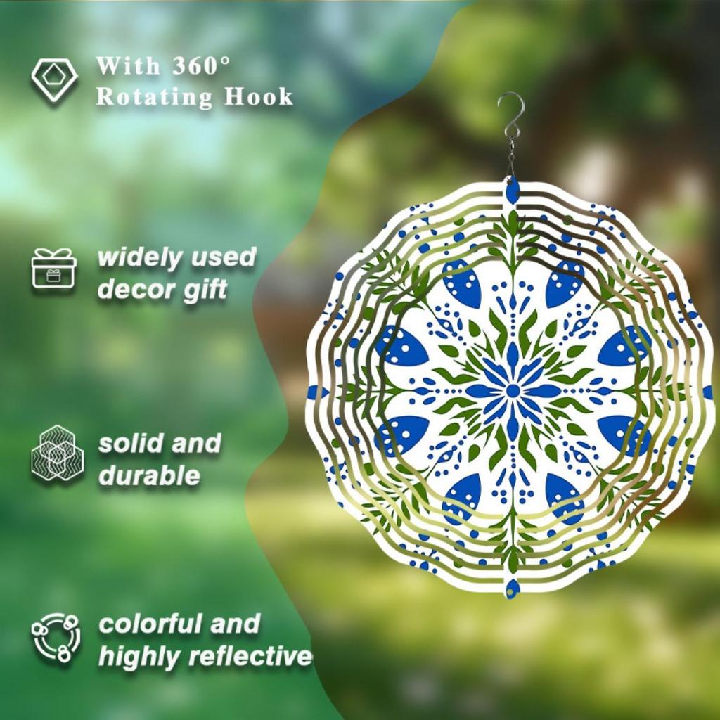 Bohemian Style Kinetic Wind Chime Metal Indoor Outdoor Hanging Decor Blue Green Floral Design Garden Patio Balcony Window Decoration All Season