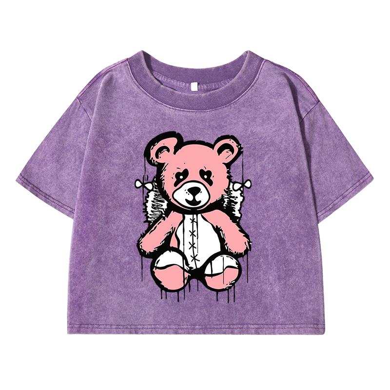 Lovely Puppet Bear Print Female Washed Short Tshirts Breathable T-Shirts Summer Soft Clothes Loose Distress Tshirts Women
