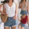 Summer Solid Color Button V-neck Cuffed Sleeveless Top Vacation Knitted Sweater Women's Wear