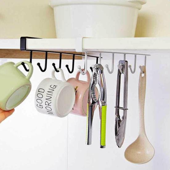 6 Hooks Kitchen Cabinet Wall Hanging Cup Holder Shelf Storage Rack Organizer