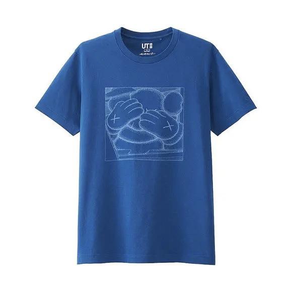 Uniqlo X Kaws Мультяшный Принт Повседневная Футболка Унисекс Топы Синий 178179