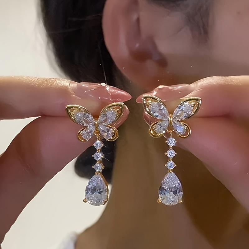 Butterfly Women Drop Earrings Aesthetic Party Wedding Elegant Accessories Inlaid Shiny CZ Elegant Gold Color Jewelry Gift